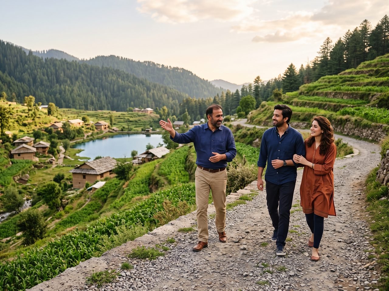 A Zen Valley host walking a visiting couple along a contour road and pointing out the lake and homes below