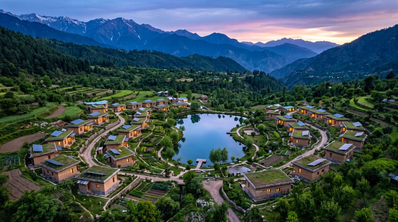 Zen Valley at dusk with the lake and lit homes