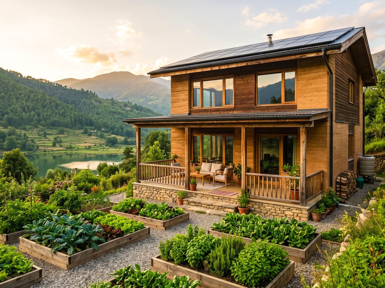 A rammed-earth home with solar roof, veranda, kitchen garden and goats at Zen Valley