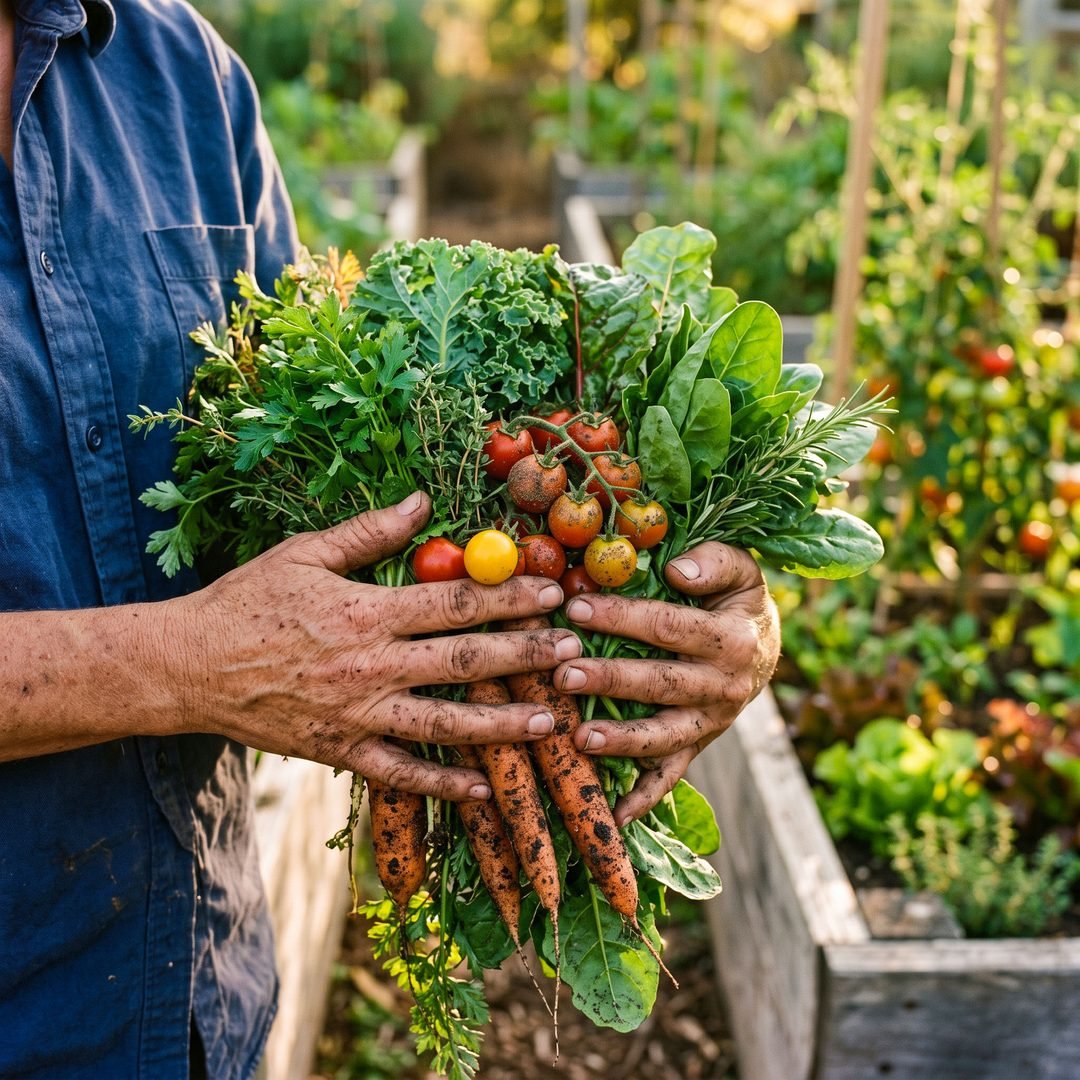 Hands holding freshly harvested vegetables