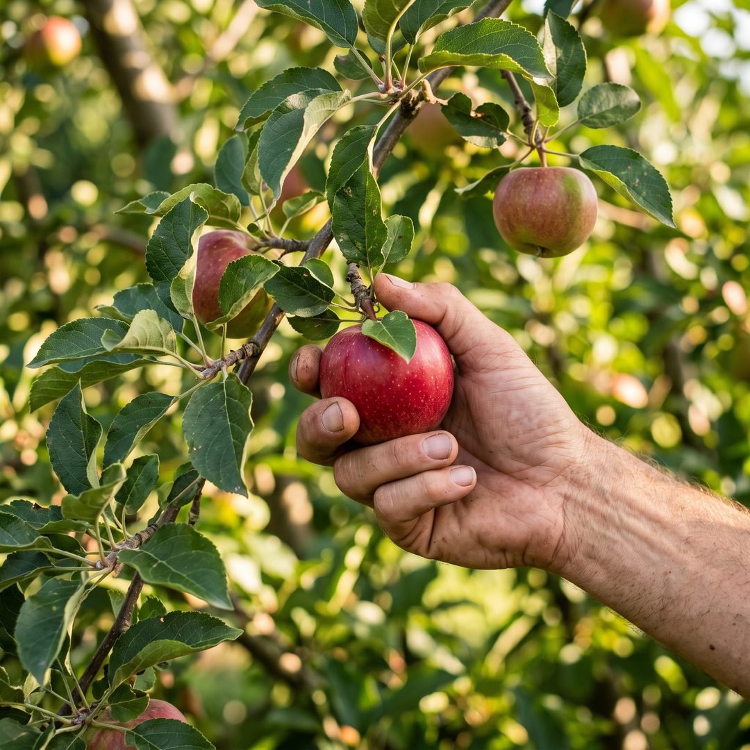 Hands picking ripe fruit from a tree