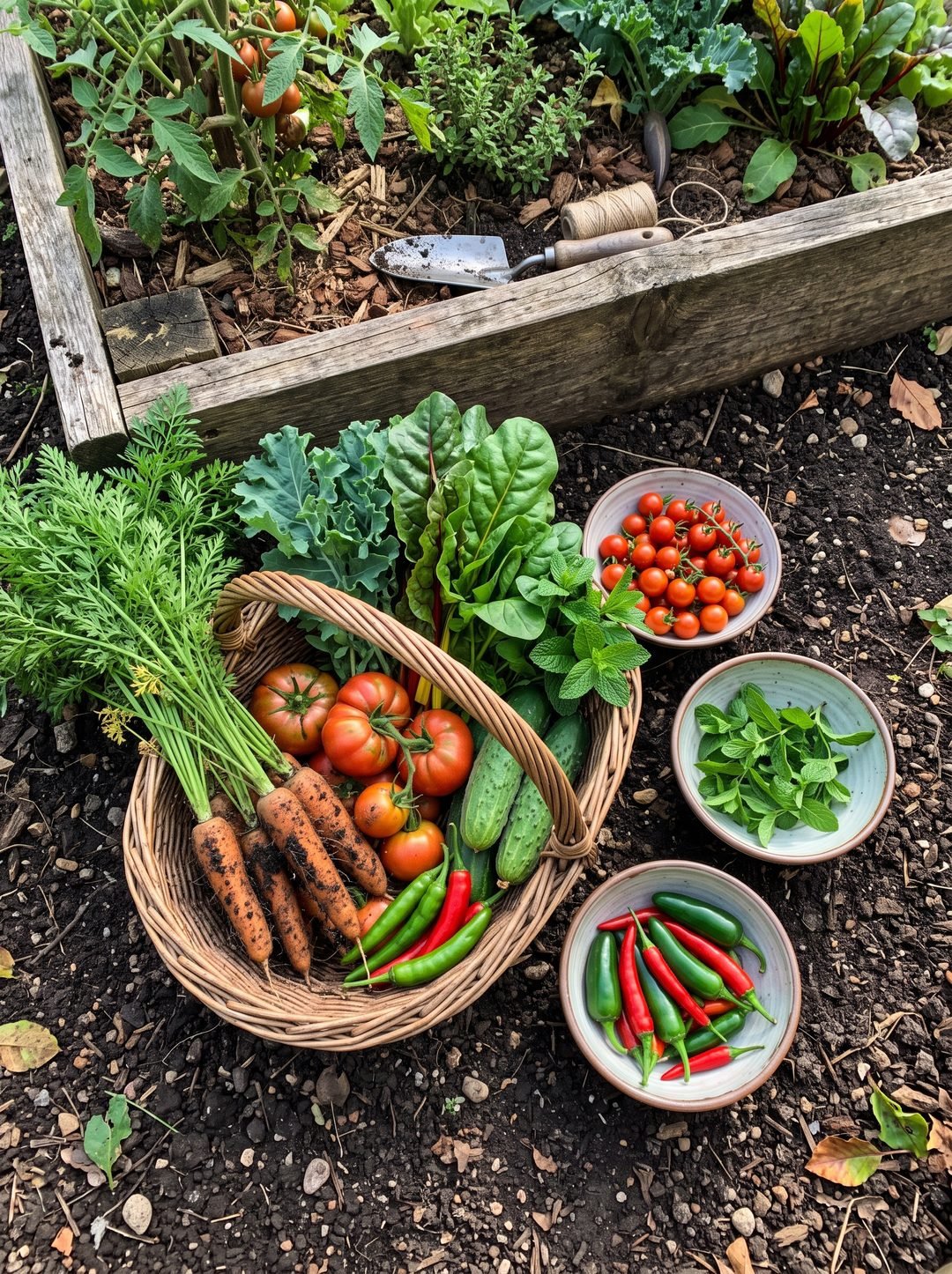 A basket of freshly picked vegetables from the garden