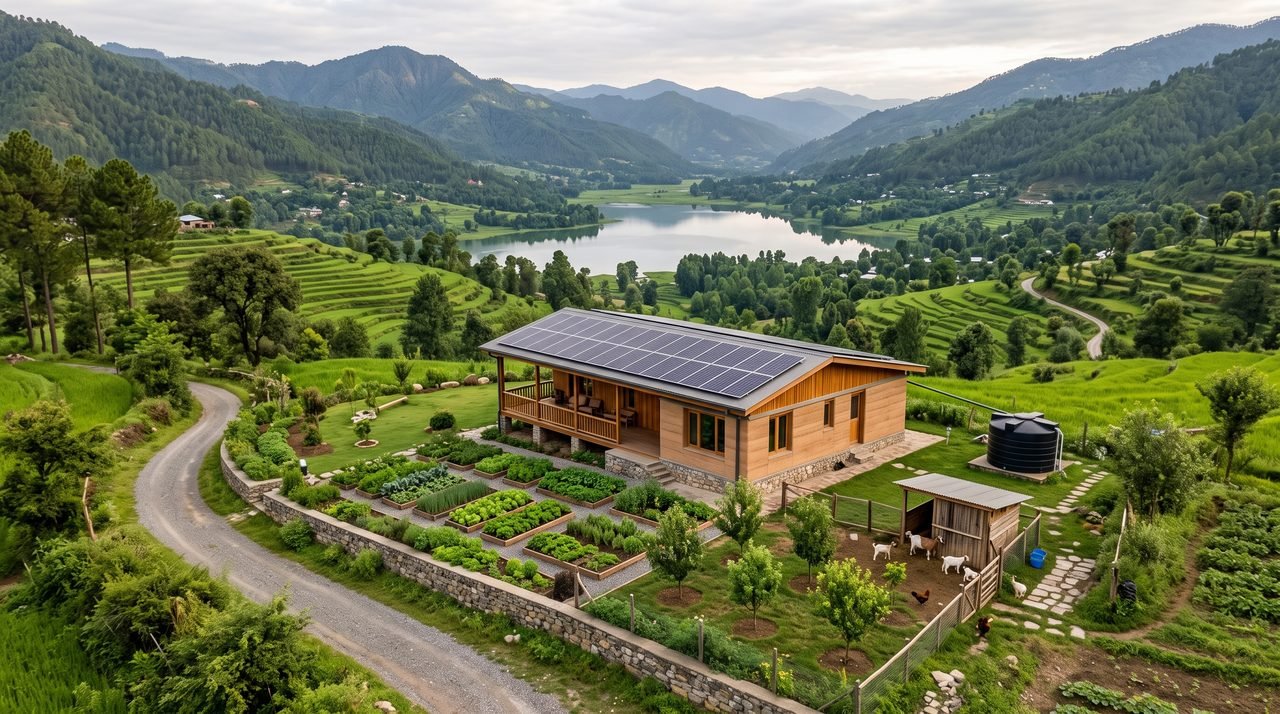 A five-kanal Zen Valley homestead: rammed-earth home with solar roof, kitchen garden, goats and a lake in the valley below