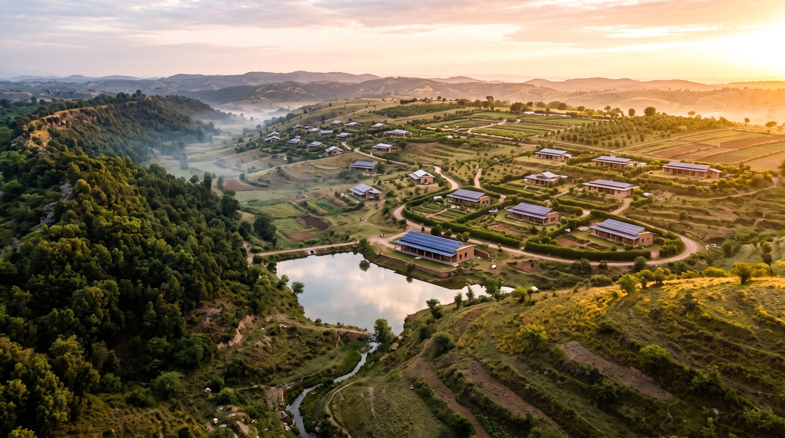 Aerial view of Zen Valley at dawn: the lake, learning centre and solar-roofed homes among orchards