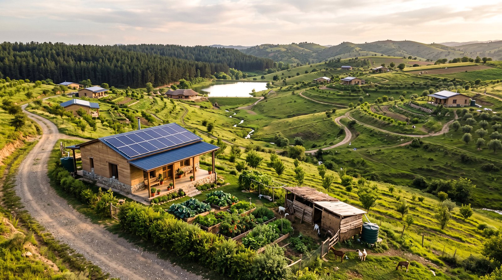 A five-kanal plot at Zen Valley: rammed-earth home with solar roof, kitchen garden, goats and orchard