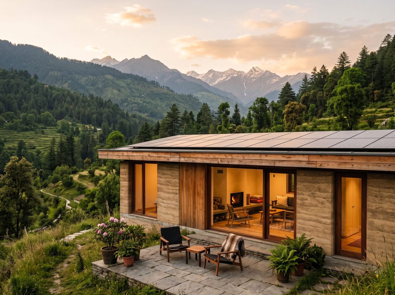 A modern minimalist rammed-earth home with a solar roof, large glazed openings and a stone terrace at Zen Valley