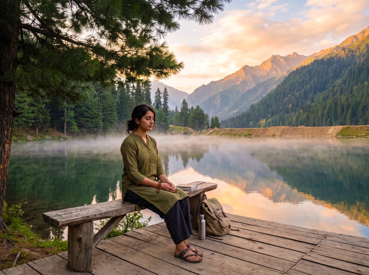 A young woman sitting in quiet reflection on a bench by a misty lake at sunrise